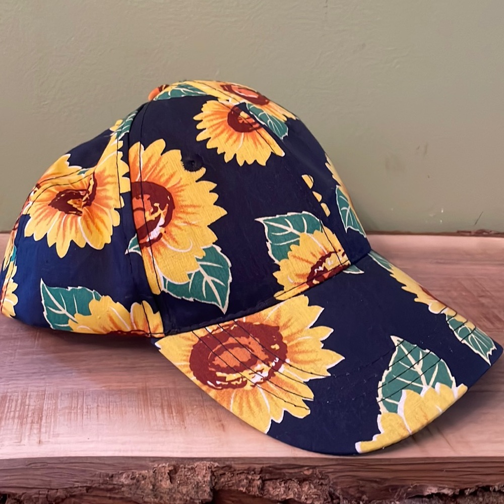 Sunflower Print Baseball Cap - Navy Yellow